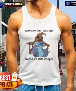 Funny Stitch Therapy Isn't Enough I Need to Bite People Tank Top featuring a humorous design and vibrant colors, perfect for casual wear.