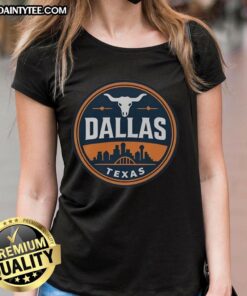 Funny vintage Dallas Texas western skyline retro ladies tee featuring a playful graphic design and vibrant colors.