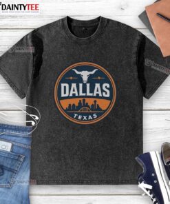 Funny vintage Dallas Texas western skyline retro washed t-shirt design featuring a colorful skyline and playful graphics.