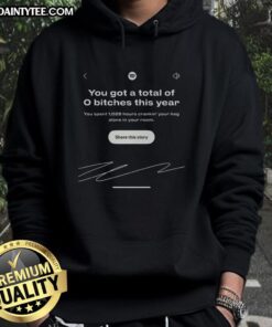 Funny Spotify Wrapped meme hoodie displaying 'You Got a Total of 0 Bitches This Year' in playful graphic design.
