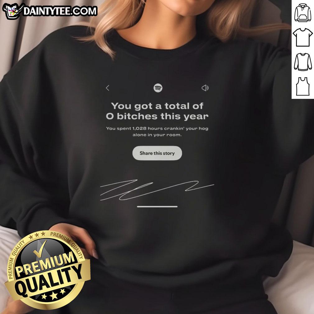 funny-you-got-a-total-of-0-bitches-this-year-spotify-wrapped-interface-meme-sweatshirt Funny Spotify Wrapped meme sweatshirt showing 'You got a total of 0 bitches this year' interface design.