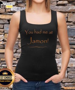 Alt Text: Funny You Had Me At Jamon Tank Top featuring a humorous design for food lovers and summer fashion enthusiasts.