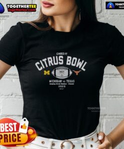 Alt Text: 2025 Cheez-It Citrus Bowl logo featuring Michigan Wolverines vs Texas Longhorns on a ladies tee shirt.