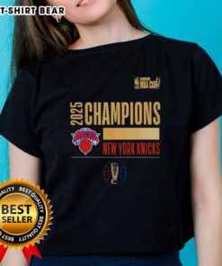 New York Knicks logo on a ladies tee celebrating the 2025 NBA Cup Champions, stylish and perfect for fans.