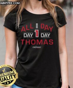 Good All Day Day 1 Thomas Cincinnati Bearcats ladies tee in vibrant colors showcasing school spirit and style.