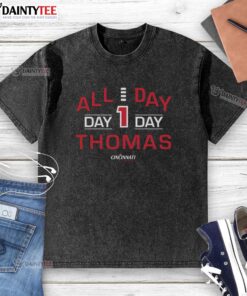 Good All Day Day 1 Thomas Cincinnati Bearcats washed t-shirt featuring vibrant team colors and logo design.