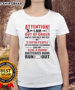 Alt Text: Funny ladies tee with 'Out Of Order' message about cleaning the 'stupid people filter' humor for casual wear.