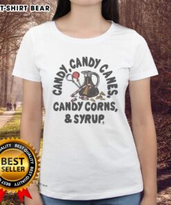 Good Candy ladies tee featuring candy canes, candy corns, and syrup for festive holiday style.