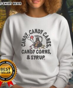 Good Candy sweatshirt featuring candy canes, candy corns, and syrup design for festive holiday wear.