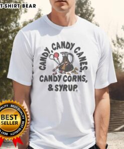 Alt Text: Good Candy Candy Canes Candy Corns And Syrup T-Shirt featuring colorful candy graphics and festive design.