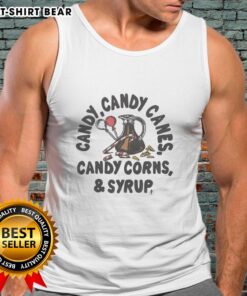 Good Candy tank top featuring colorful candy canes, candy corns, and syrup design for sweet fashion lovers.