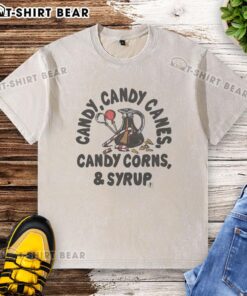 Good Candy T-Shirt featuring candy canes, candy corns, and syrup design for a fun, festive look.