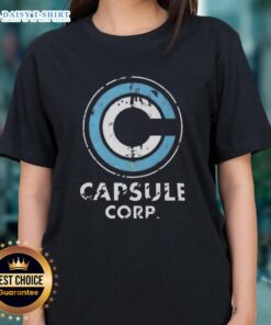 Good Capsule Corp. distressed logo on a Dragon Ball Z ladies tee, perfect for fans of the iconic anime series.
