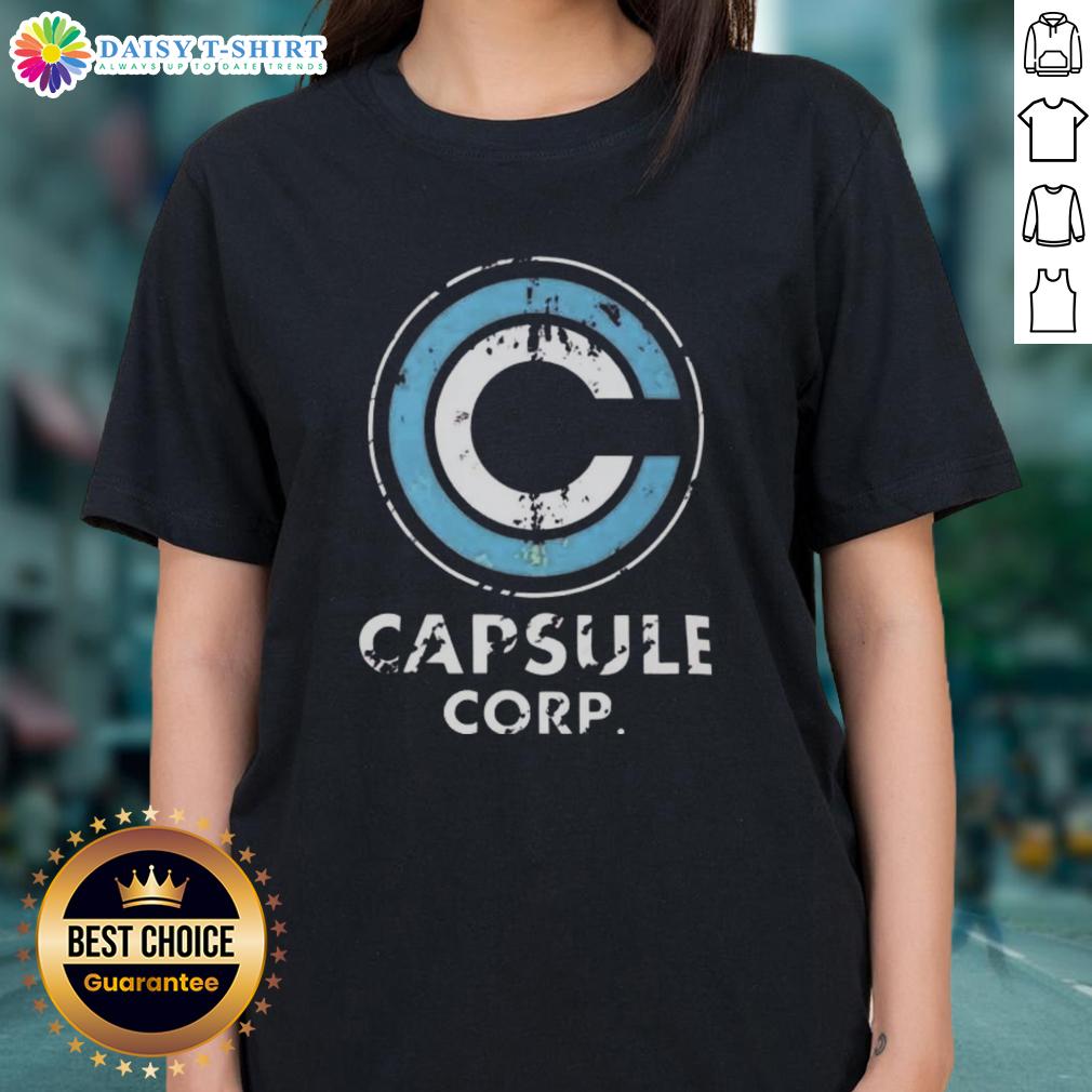 Good Capsule Corp. Distressed Logo Dragon Ball Z Ladies Tee Good Capsule Corp. distressed logo on a Dragon Ball Z ladies tee, perfect for fans of the iconic anime series.