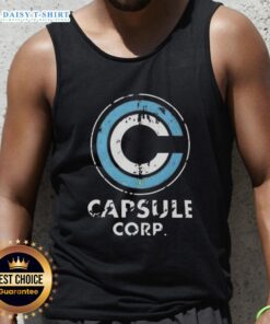 Alt Text: Distressed Capsule Corp. logo on a stylish Dragon Ball Z tank top, perfect for fans of the anime series.