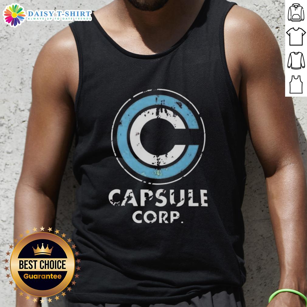 Good Capsule Corp. Distressed Logo Dragon Ball Z Tank Top Alt Text: Distressed Capsule Corp. logo on a stylish Dragon Ball Z tank top, perfect for fans of the anime series.