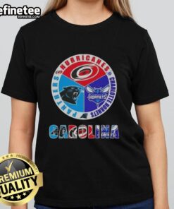 Good Carolina City Sports ladies tee featuring Hurricanes, Hornets, and Panthers logos for fans of Charlotte teams.