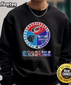 Alt Text: Cozy sweatshirt featuring logos of Carolina Hurricanes, Charlotte Hornets, and Panthers for sports fans.