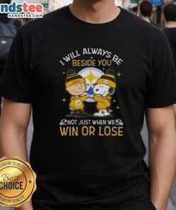 Alt Text: Good Charlie Brown and Snoopy Pittsburgh Steelers T-shirt with 'Always Beside You' slogan, perfect for fans.