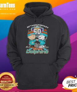 Good Charlie Brown fist bump with Snoopy, celebrating 60th anniversary 1965-2025, featuring Miami Dolphins skyline hoodie.