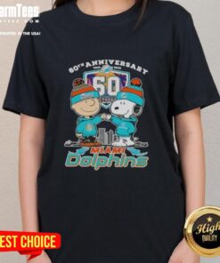 Good Charlie Brown fist bump with Snoopy against Miami Dolphins skyline for 60th Anniversary tee, 1965-2025.