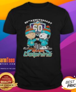 Good Charlie Brown fist bump with Snoopy on Miami Dolphins skyline t-shirt for 60th anniversary 1965-2025.