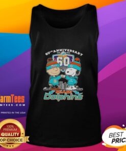 Good Charlie Brown fist bump with Snoopy, celebrating 60th Anniversary 1965-2025, Miami Dolphins skyline tank top.
