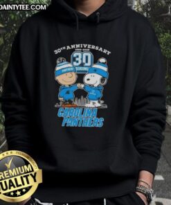 Good Charlie Brown X Snoopy 30th Anniversary hoodie featuring Carolina Panthers skyline, 1995-2025 edition.