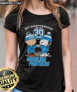 Good Charlie Brown X Snoopy 30th Anniversary Tee for Carolina Panthers featuring skyline design, perfect for fans.