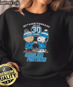 Good Charlie Brown X Snoopy 30th Anniversary sweatshirt featuring Carolina Panthers skyline design for 1995-2025.