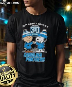 Good Charlie Brown X Snoopy 30th Anniversary T-Shirt celebrating 1995-2025 with Carolina Panthers skyline design.