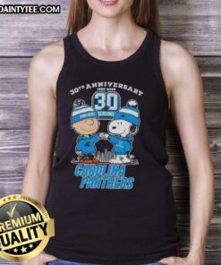 Good Charlie Brown X Snoopy 30th Anniversary tank top featuring Carolina Panthers skyline design for 1995-2025.