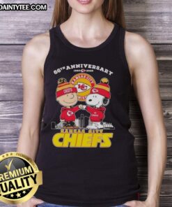 Good Charlie Brown X Snoopy 66th Anniversary tank top featuring Kansas City Chiefs skyline design, 1960-2026.