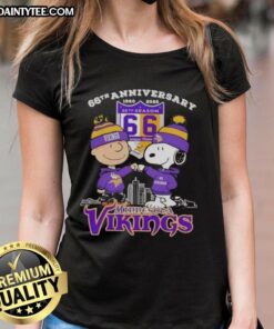 Alt Text: Good Charlie Brown X Snoopy 66th Anniversary tee featuring Minnesota Vikings skyline design for ladies, 1960-2026.