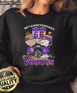 Good Charlie Brown X Snoopy 66th Anniversary Minnesota Vikings Skyline Sweatshirt featuring iconic characters and vibrant design.