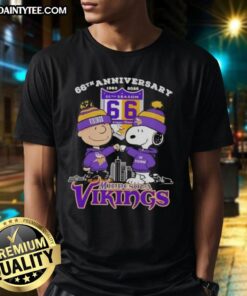 Good Charlie Brown X Snoopy 66th Anniversary T-shirt featuring Minnesota Vikings skyline, celebrating 1960-2026.