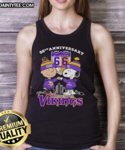 Good Charlie Brown X Snoopy 66th Anniversary tank top featuring Minnesota Vikings skyline design, celebrating 1960-2026.