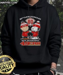 Alt Text: Good Charlie Brown X Snoopy 80th Anniversary hoodie featuring San Francisco 49ers skyline design, 1946-2026.