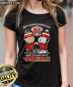 Alt Text: Good Charlie Brown X Snoopy 80th Anniversary tee featuring San Francisco 49ers skyline, perfect for fans.