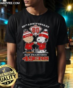Good Charlie Brown X Snoopy 80th Anniversary T-Shirt featuring San Francisco 49ers skyline design, 1946-2026.