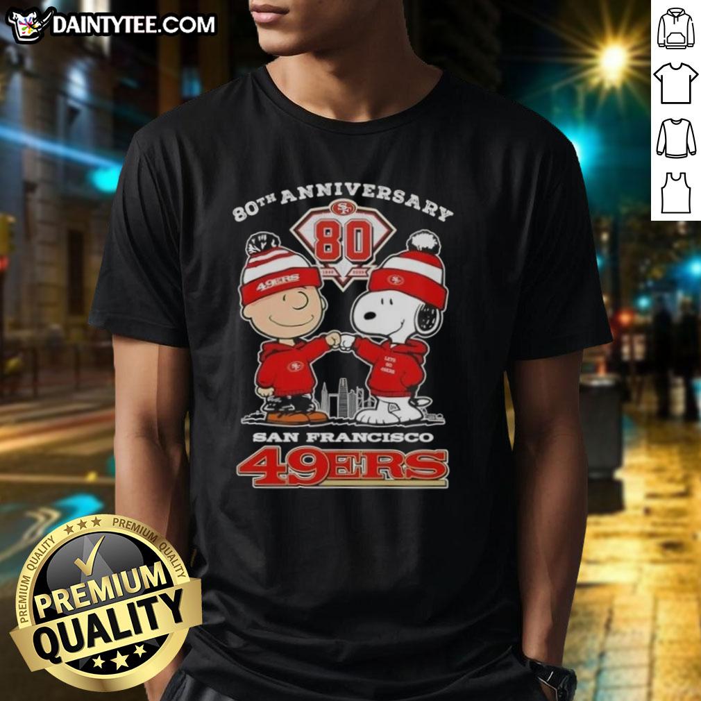 good-charlie-brown-x-snoopy-80th-anniversary-1946-2026-san-francisco-49ers-skyline-t-shirt Good Charlie Brown X Snoopy 80th Anniversary T-Shirt featuring San Francisco 49ers skyline design, 1946-2026.