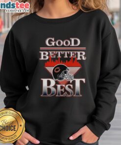 Alt Text: Chicago Bears sweatshirt featuring the Good-Better-Best helmet logo and city skyline in a stylish triangle design.