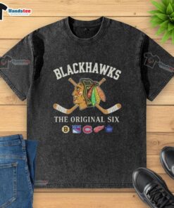 Alt Text: Good Chicago Blackhawks The Original Six combined washed t-shirt featuring vintage design and team logo.