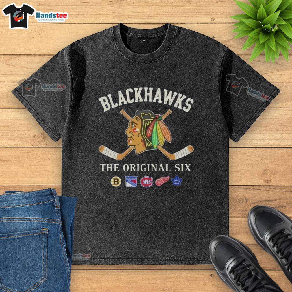 good-chicago-blackhawks-the-original-six-combined-washed-t-shirt Alt Text: Good Chicago Blackhawks The Original Six combined washed t-shirt featuring vintage design and team logo.