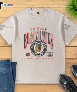 Vintage Chicago Blackhawks Crease Washed T-Shirt featuring classic logo and distressed design for retro style fans.