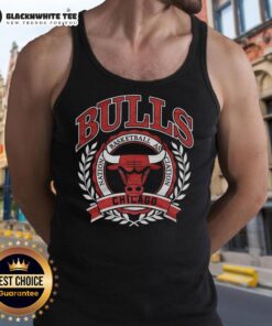 Alt Text: Retro Chicago Bulls NBA logo in a laurel wreath frame on a stylish tank top, perfect for basketball fans.