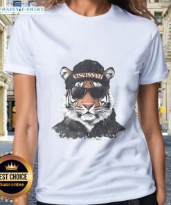 Cincinnati Bengals mascot in a beanie and sunglasses, showcasing a fun ladies tee design for fans.