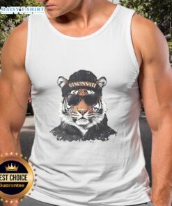 Cincinnati Bengals mascot wearing a beanie, sunglasses, and a tank top, showcasing team spirit and style.