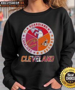 Cleveland city sports sweatshirt featuring Guardians, Browns, and Cavaliers logos, perfect for fans of all teams.