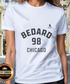 Connor Bedard Chicago Blackhawks ladies tee featuring name and number 98, perfect for ice hockey fans.